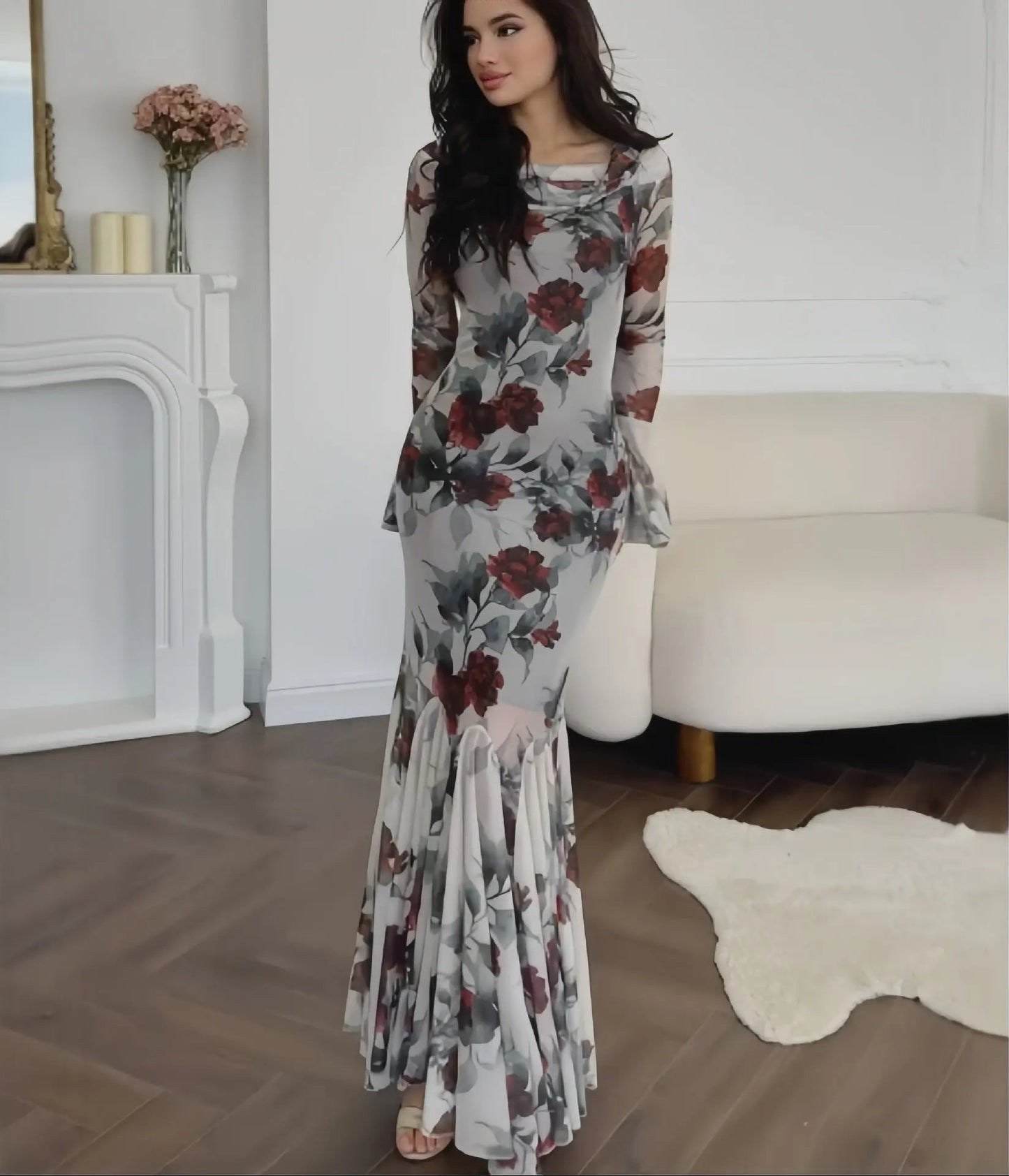 ELARA PARIS™ | Robe Longue Sirène Fleurie – Élégance Romantique & Charme Intemporel