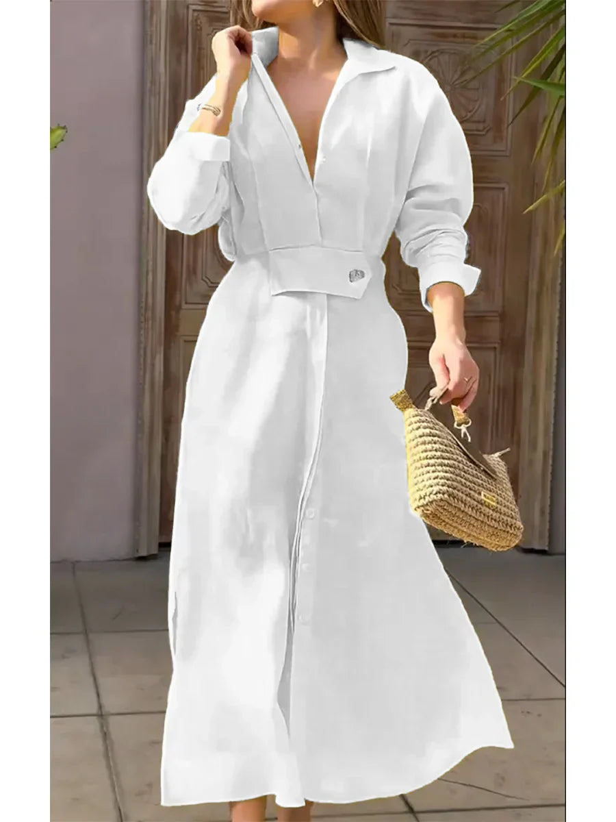 ELARA PARIS™ | Robe Chemise Midi en Lin – Élégance Naturelle & Confort Chic