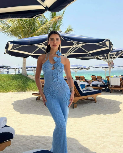 ELARA PARIS™ | Robe Longue en Crochet – Détails Floraux & Dos Nu Bohème