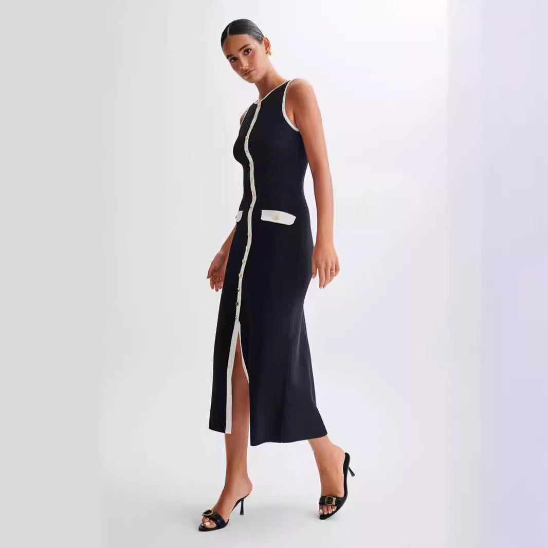 ELARA PARIS™ | Robe Mi-Longue Sans Manches – Contraste Chic & Boutonnée