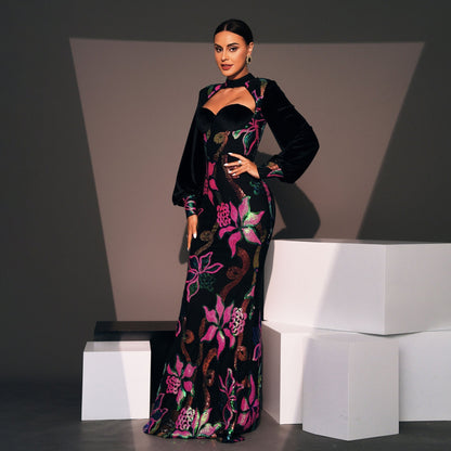 ELARA PARIS™ | Robe Longue Fleurie – Épaules Dénudées & Manches Bouffantes