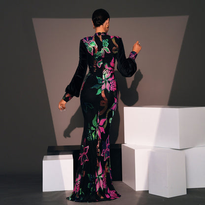 ELARA PARIS™ | Robe Longue Fleurie – Épaules Dénudées & Manches Bouffantes