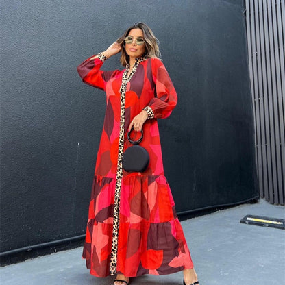 ELARA PARIS™ | Robe Longue Rouge & Léopard – Audace Bohème & Élégance Sauvage