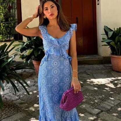 ELARA PARIS™ | Robe Longue Brodée – Épaules Volantées & Lien au Dos