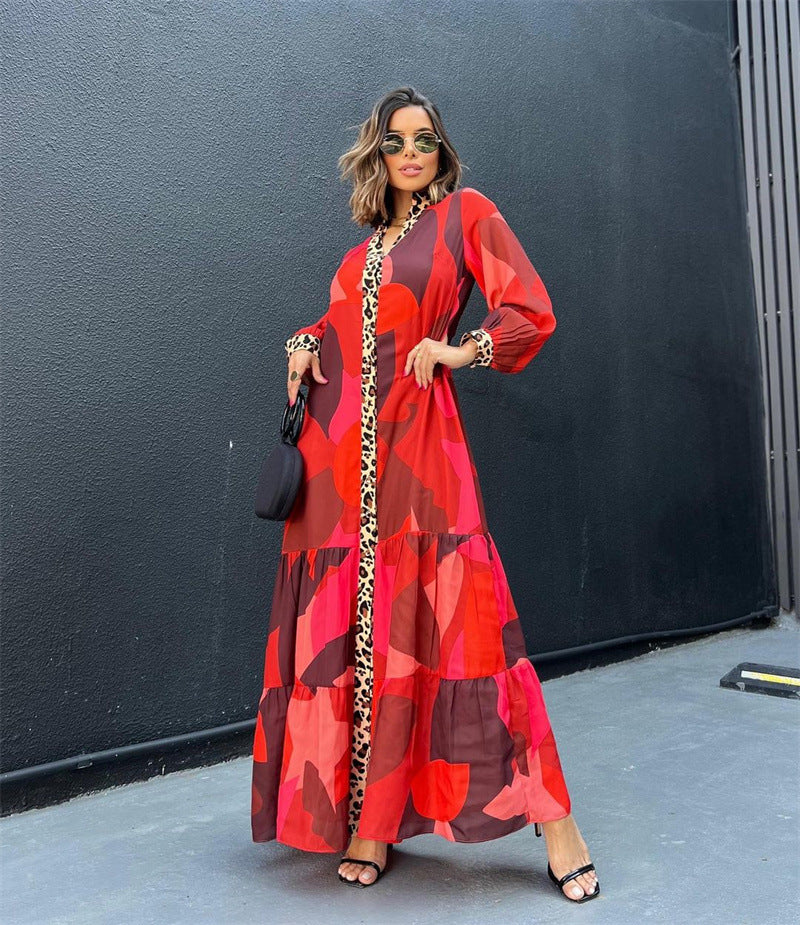 ELARA PARIS™ | Robe Longue Rouge & Léopard – Audace Bohème & Élégance Sauvage