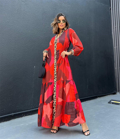 ELARA PARIS™ | Robe Longue Rouge & Léopard – Audace Bohème & Élégance Sauvage