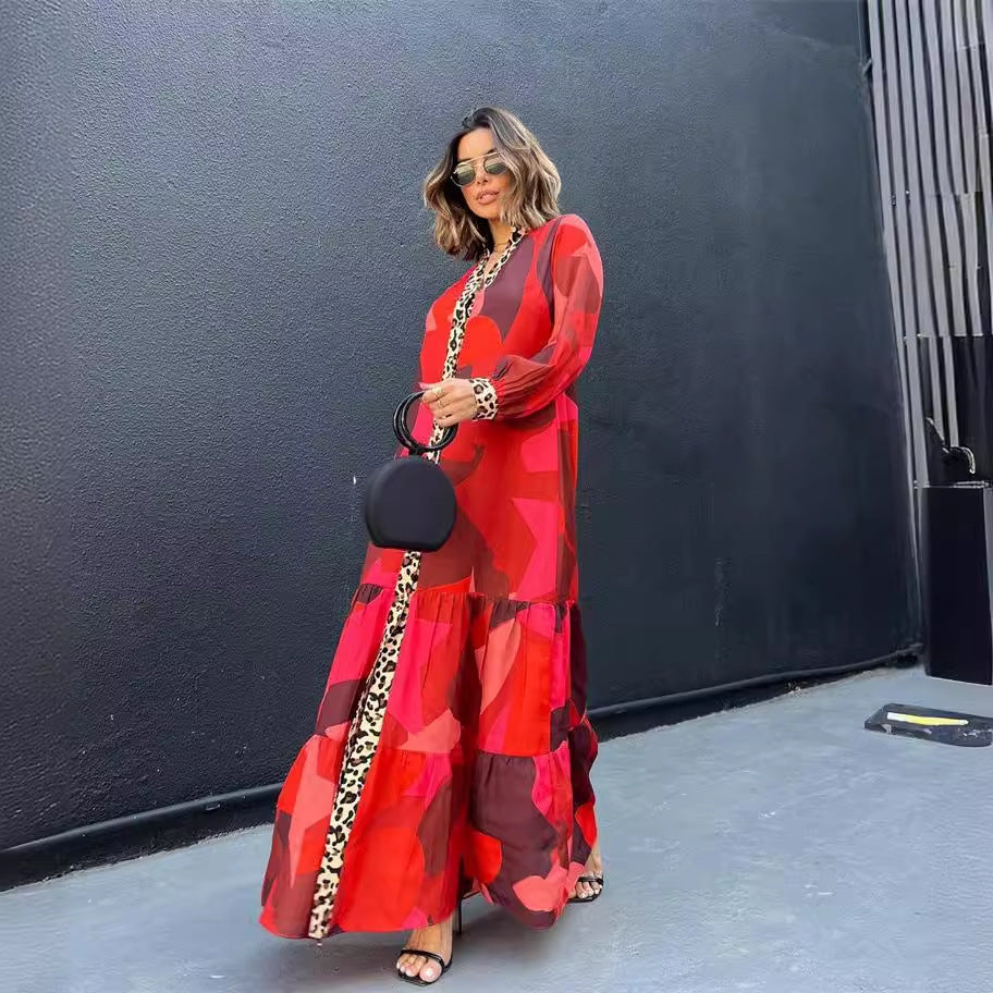 ELARA PARIS™ | Robe Longue Rouge & Léopard – Audace Bohème & Élégance Sauvage