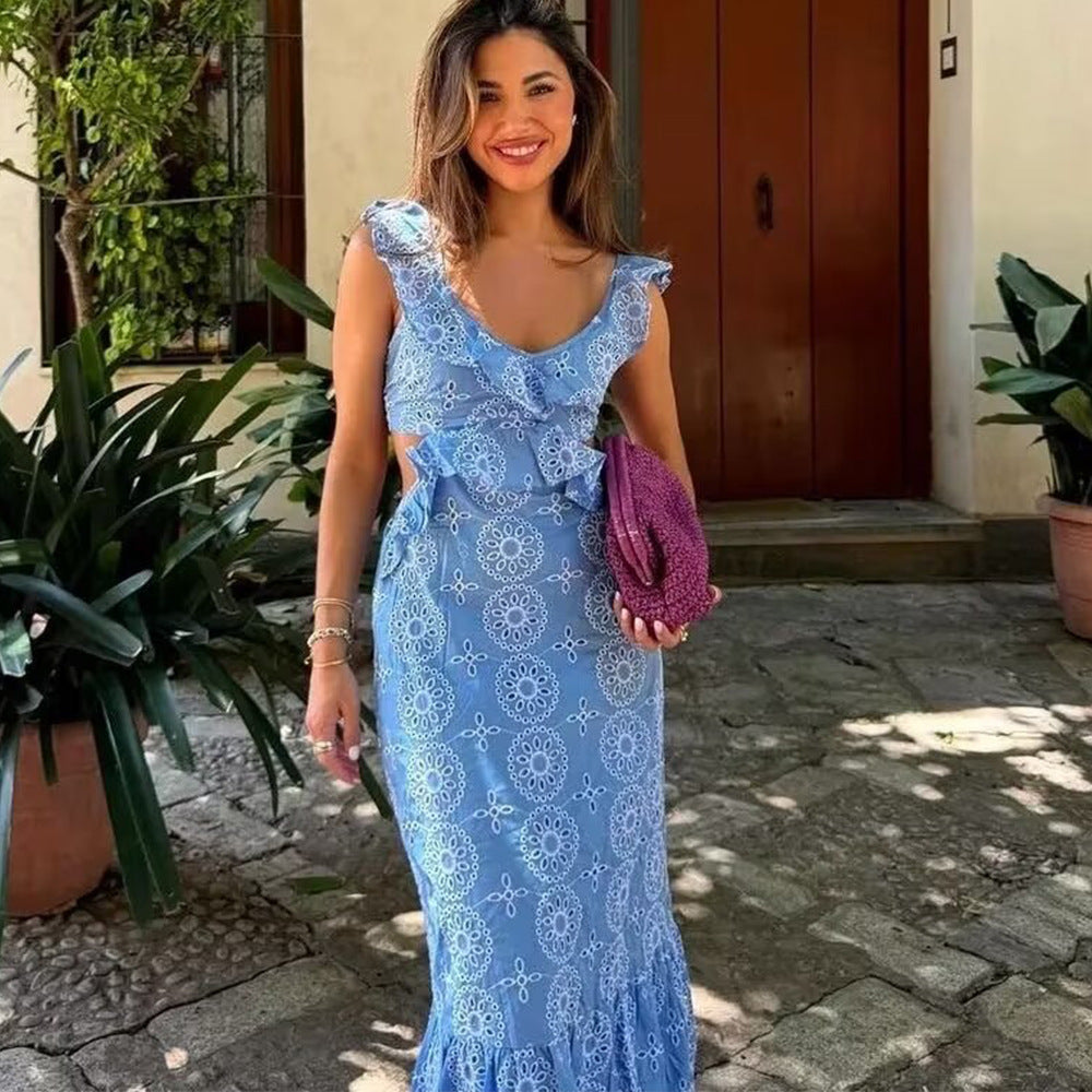 ELARA PARIS™ | Robe Longue Brodée – Épaules Volantées & Lien au Dos