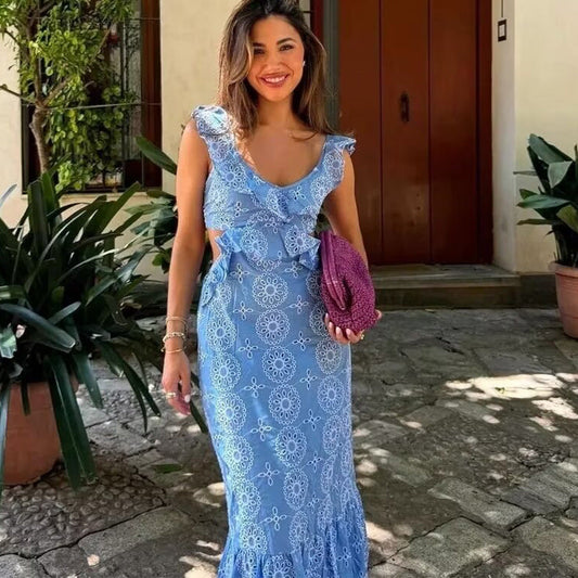 ELARA PARIS™ | Robe Longue Brodée – Épaules Volantées & Lien au Dos