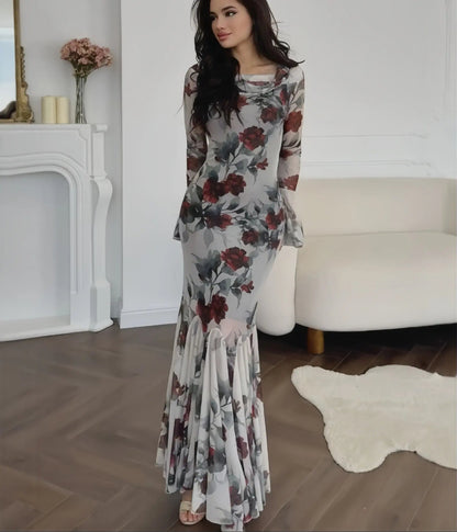 ELARA PARIS™ | Robe Longue Sirène Fleurie – Élégance Romantique & Charme Intemporel