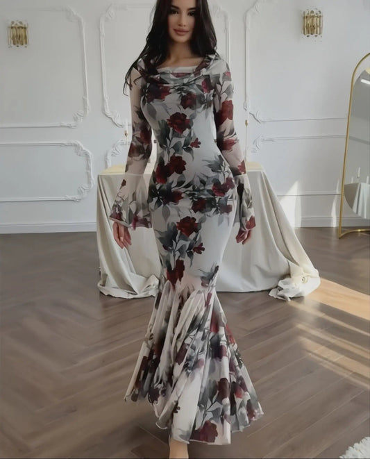 ELARA PARIS™ | Robe Longue Sirène Fleurie – Élégance Romantique & Charme Intemporel