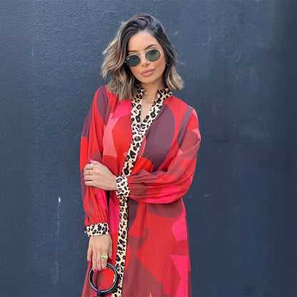 ELARA PARIS™ | Robe Longue Rouge & Léopard – Audace Bohème & Élégance Sauvage