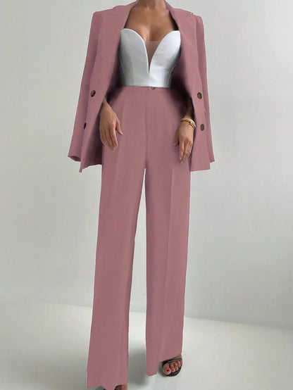 ELARA PARIS™ | Tailleur Femme Rose Poudré – Blazer Structuré, Bustier & Pantalon Large