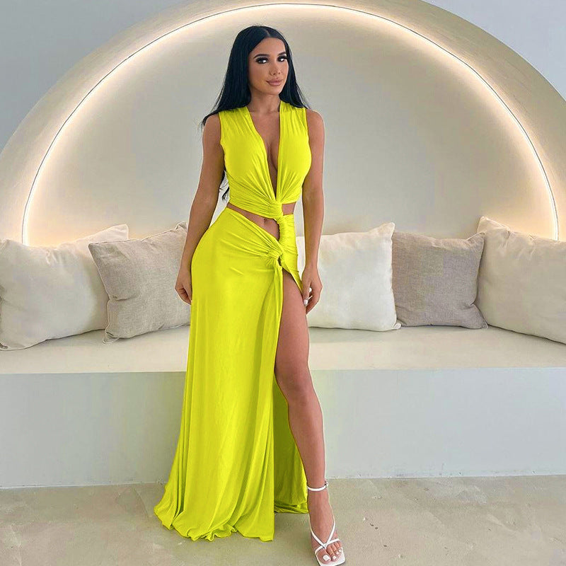 ELARA PARIS™ | Robe Longue Élégante – Lien à la Taille & Teinte Jaune