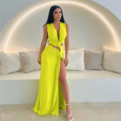 ELARA PARIS™ | Robe Longue Élégante – Lien à la Taille & Teinte Jaune