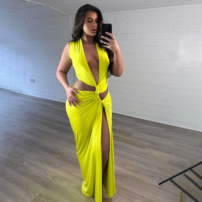 ELARA PARIS™ | Robe Longue Élégante – Lien à la Taille & Teinte Jaune