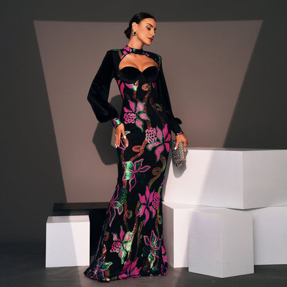 ELARA PARIS™ | Robe Longue Fleurie – Épaules Dénudées & Manches Bouffantes